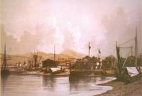 Бургаското пристанище през първата половина на XIX век. Литография от Й. Сисери и Ф. Бенуа