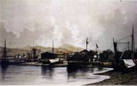 Литография на Бургаското пристанище от 1828-30 г. на Й. Сисери и Ф. Бенуа, правена по рисунка на Д. Брежер