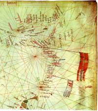 Фрагмент от картата на Черно море от атласа на Петрус Висконте от 1320 г., съхранявана във Ватиканската библиотека. На нея с името „poro” е означен пролива на езерото Мандра към залива на морето при местността „Пода“
