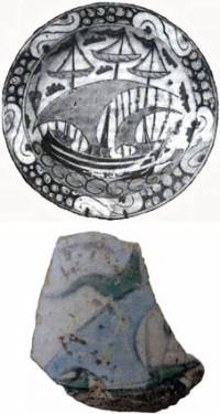 Изображения на кораби върху блюдо от нач. ХVІІ в. и на стена от съд, открити при тазгодишните разкопки в царевския квартал Василико 