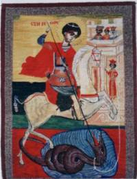Иконата „Св. Георги“, която тъкачката в бяла престилка посвещава на сина си