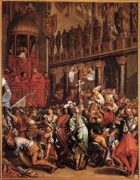 „Дож Енрико Дандоло призовава войниците да тръгнат на Кръстоносен поход“ – рисунка на художника Жан Леклерк, украсяваща стените на Двореца на дожите във Венеция