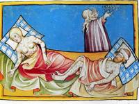 Свещеник посещава болни от чума, миниатюра от 1411 г.