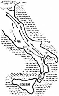 Карта, на която със стрелки са отбелязани походите на Спартак