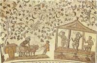 Мозайка от ІV в. върху свода на църквата „Санта Костанца” в Рим. Детайлът изобразява момент от процеса на винопроизводство 