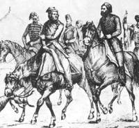 Завръщане от лов. Адам Мицкевич и Садък паша (Михаил Чайковски) в лагера на „отоманските казаци” край Бургас през септември 1855 г. Гравюра П. Суходолский
