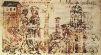 Съграждането на църквата „Св. София” в Константинопол (превърната по-късно в джамия) при император Юстиниан, миниатюра от Манасиевата хроника